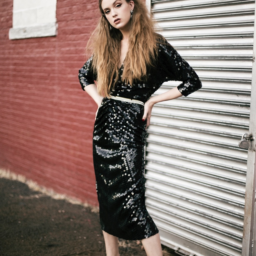 vtg Oleg Cassini black sequins evening dress